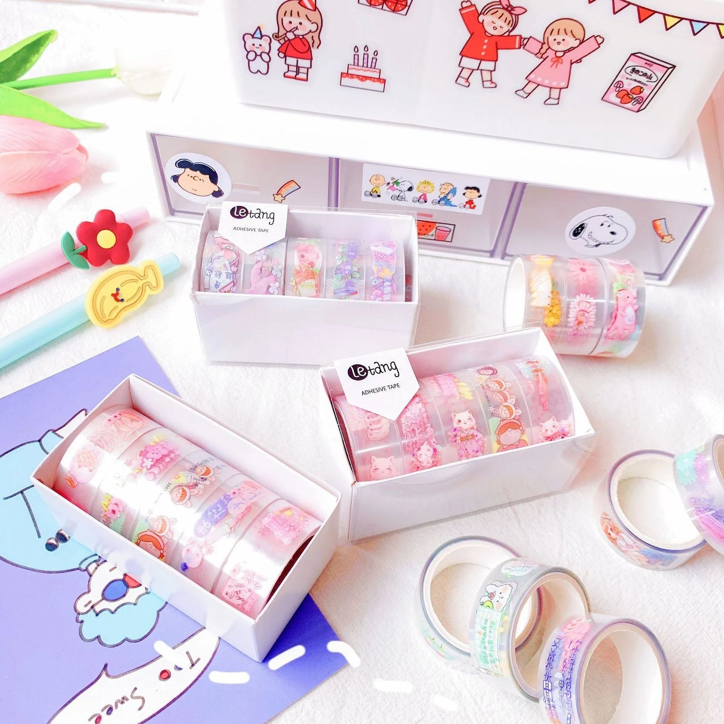 Creative hand account stickers with dinosaur, duck, cat, and rabbit designs on 1.5 cm washi paper tape