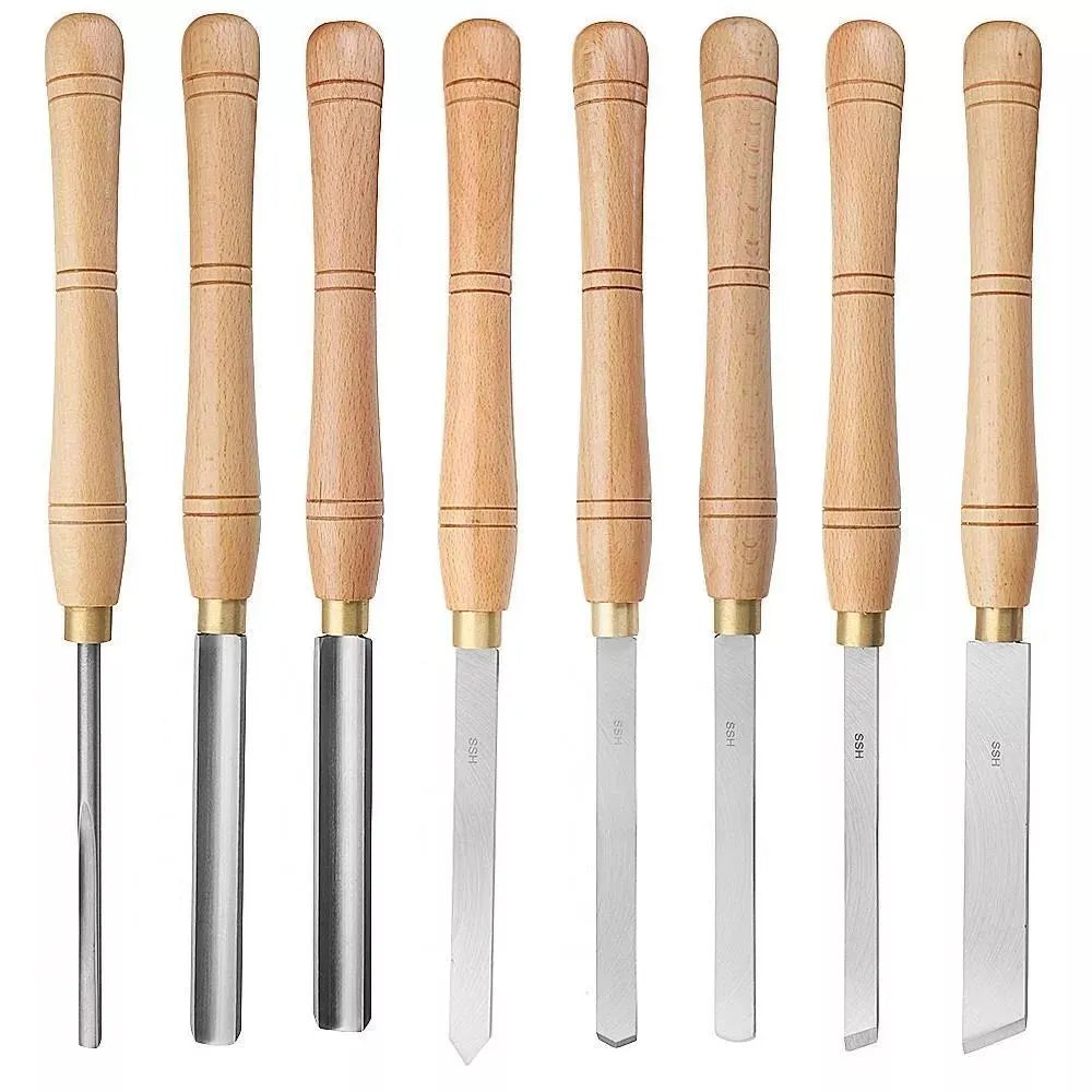 8-piece wooden box-mounted steel turning tool set with chrome vanadium alloy steel construction for woodworking