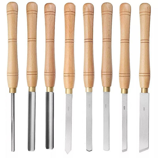 8-piece wooden box-mounted steel turning tool set with chrome vanadium alloy steel construction for woodworking