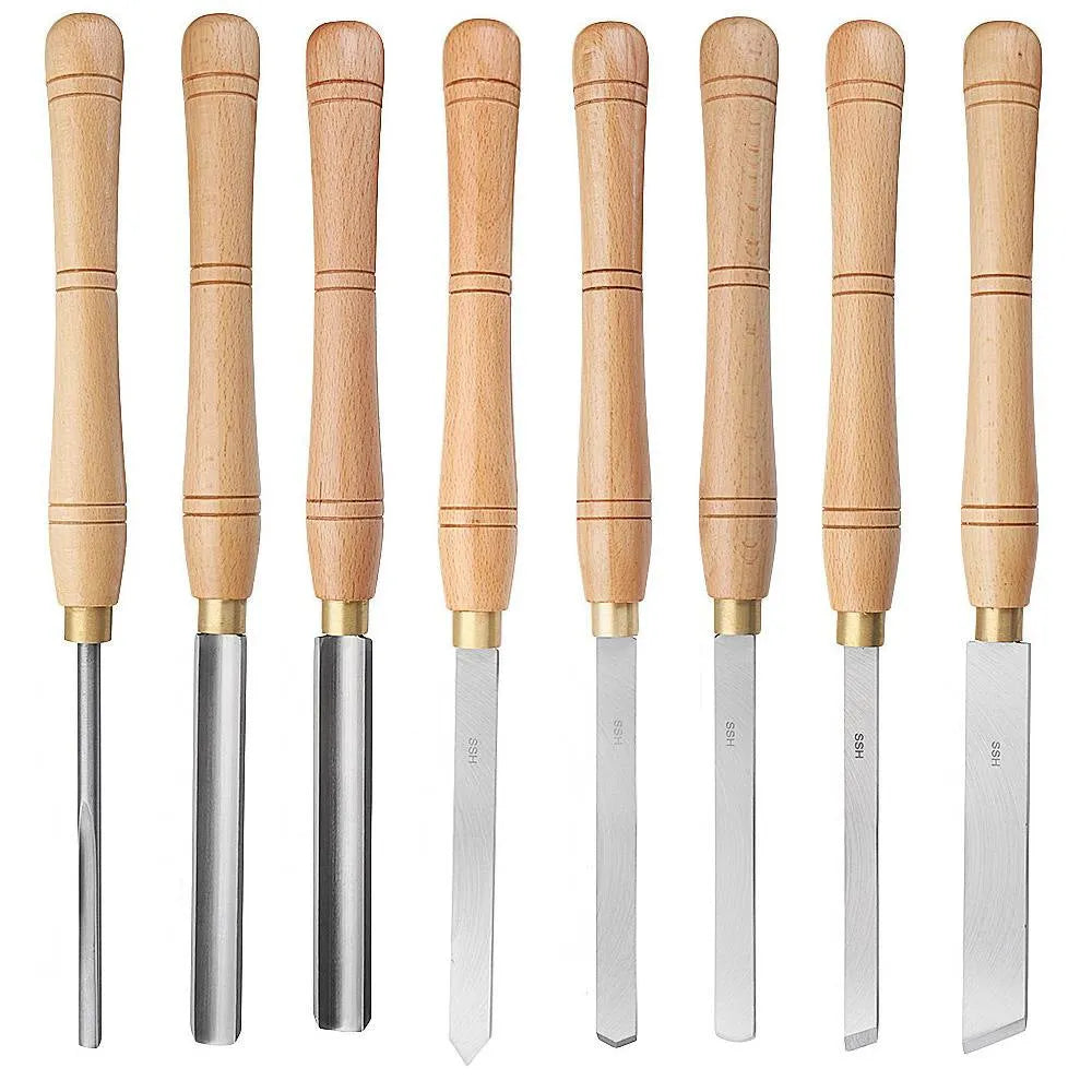8-piece wooden box-mounted steel turning tool set with chrome vanadium alloy steel construction for woodworking