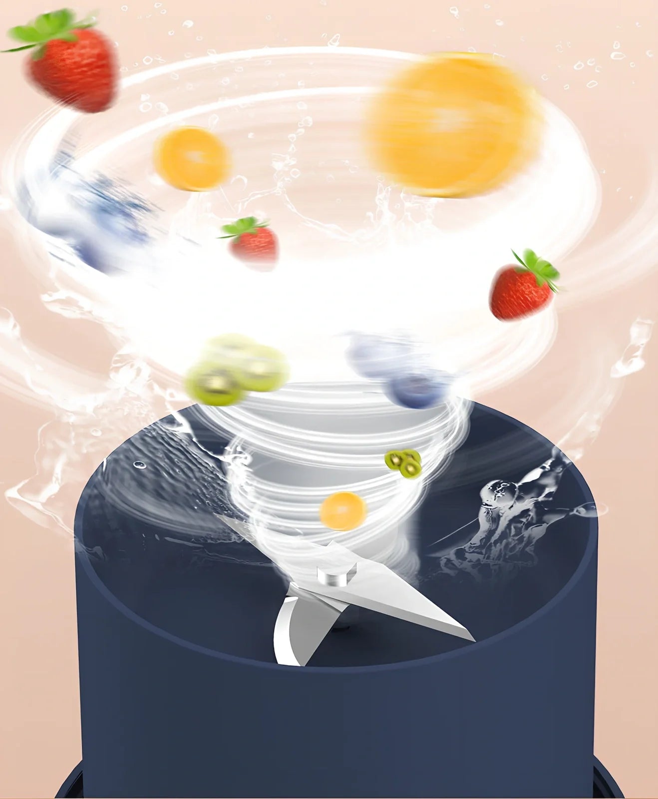 Dark blue USB mini juicer cup with 400mL capacity, four blades, and 185mm height for portable blending