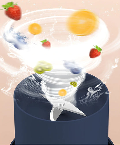 Dark blue USB mini juicer cup with 400mL capacity, four blades, and 185mm height for portable blending