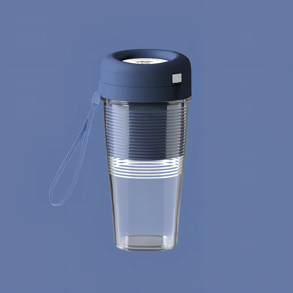 Dark blue USB mini juicer cup with 400mL capacity, four blades, and 185mm height for portable blending