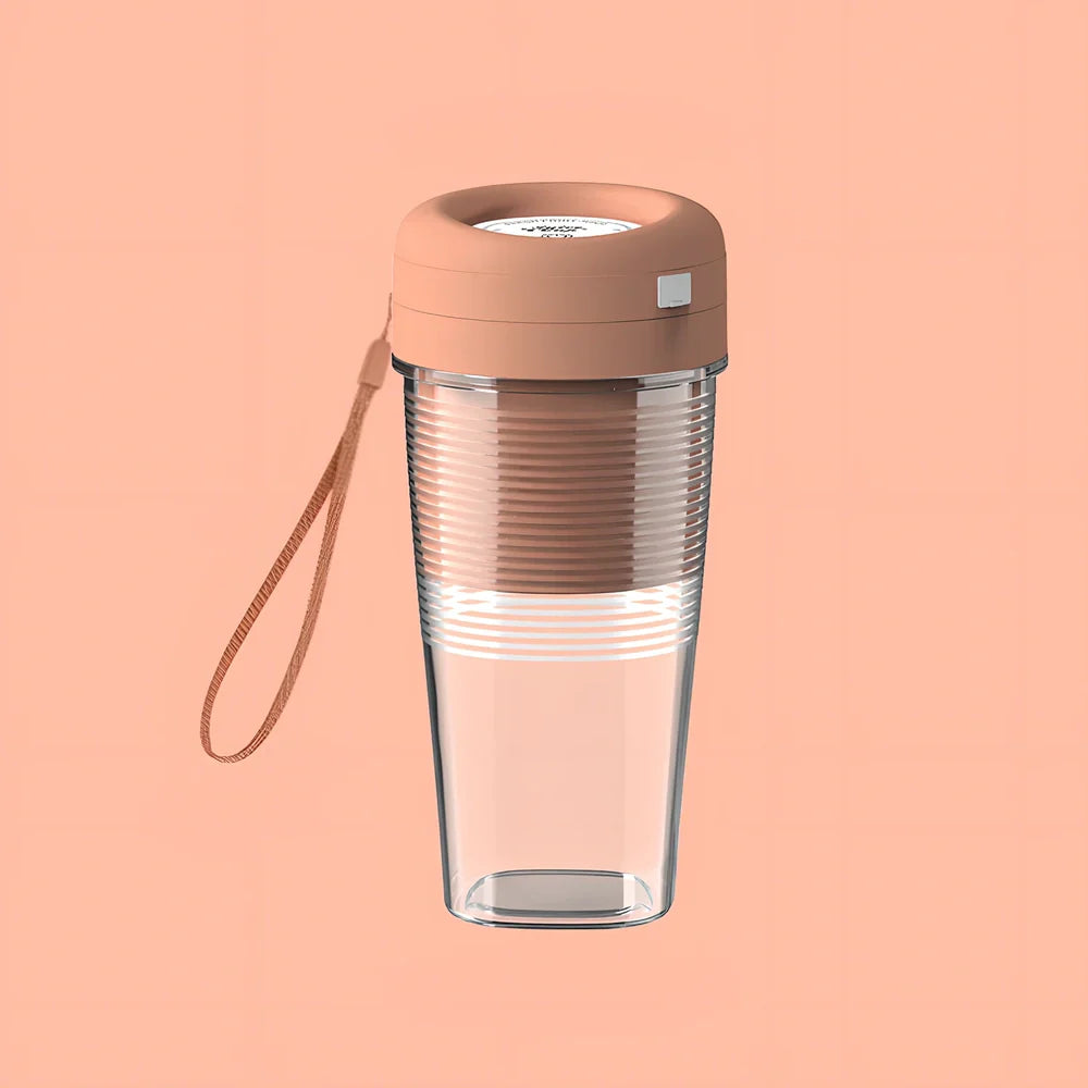 Dark blue USB mini juicer cup with 400mL capacity, four blades, and 185mm height for portable blending