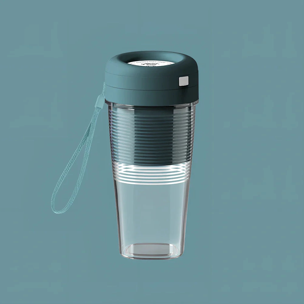 Dark blue USB mini juicer cup with 400mL capacity, four blades, and 185mm height for portable blending