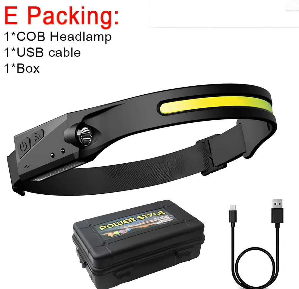 Black induction fishing light with silicone strap, 55mm length, showing touch controls and USB charging port