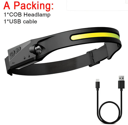 Black induction fishing light with silicone strap, 55mm length, showing touch controls and USB charging port