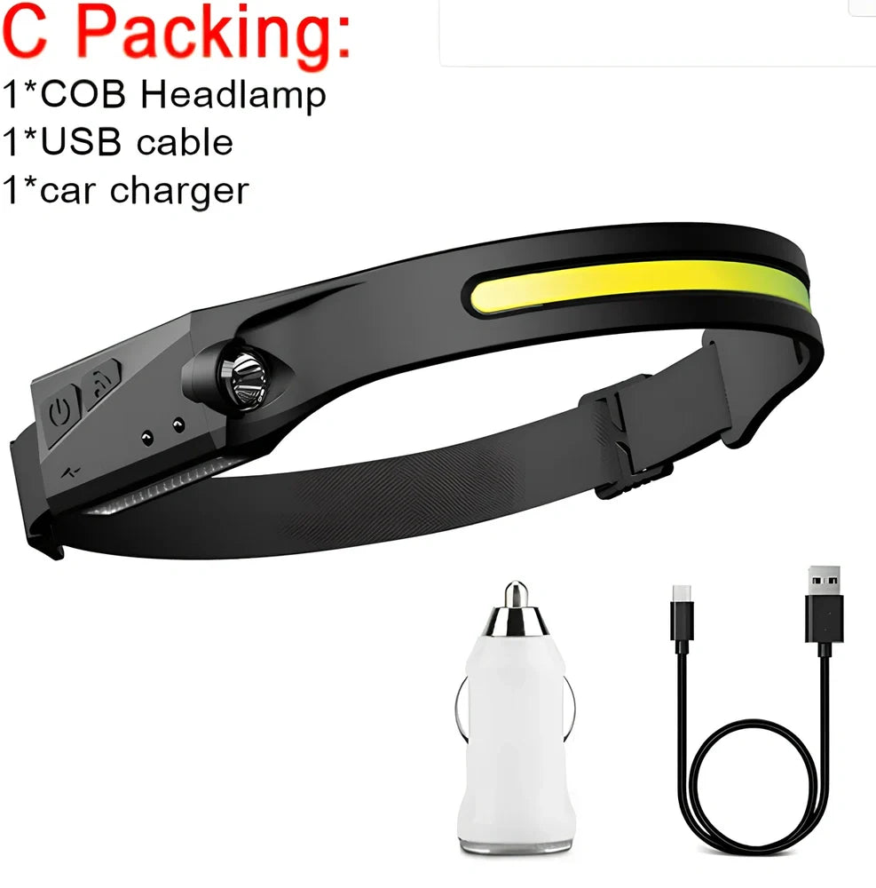 Black induction fishing light with silicone strap, 55mm length, showing touch controls and USB charging port