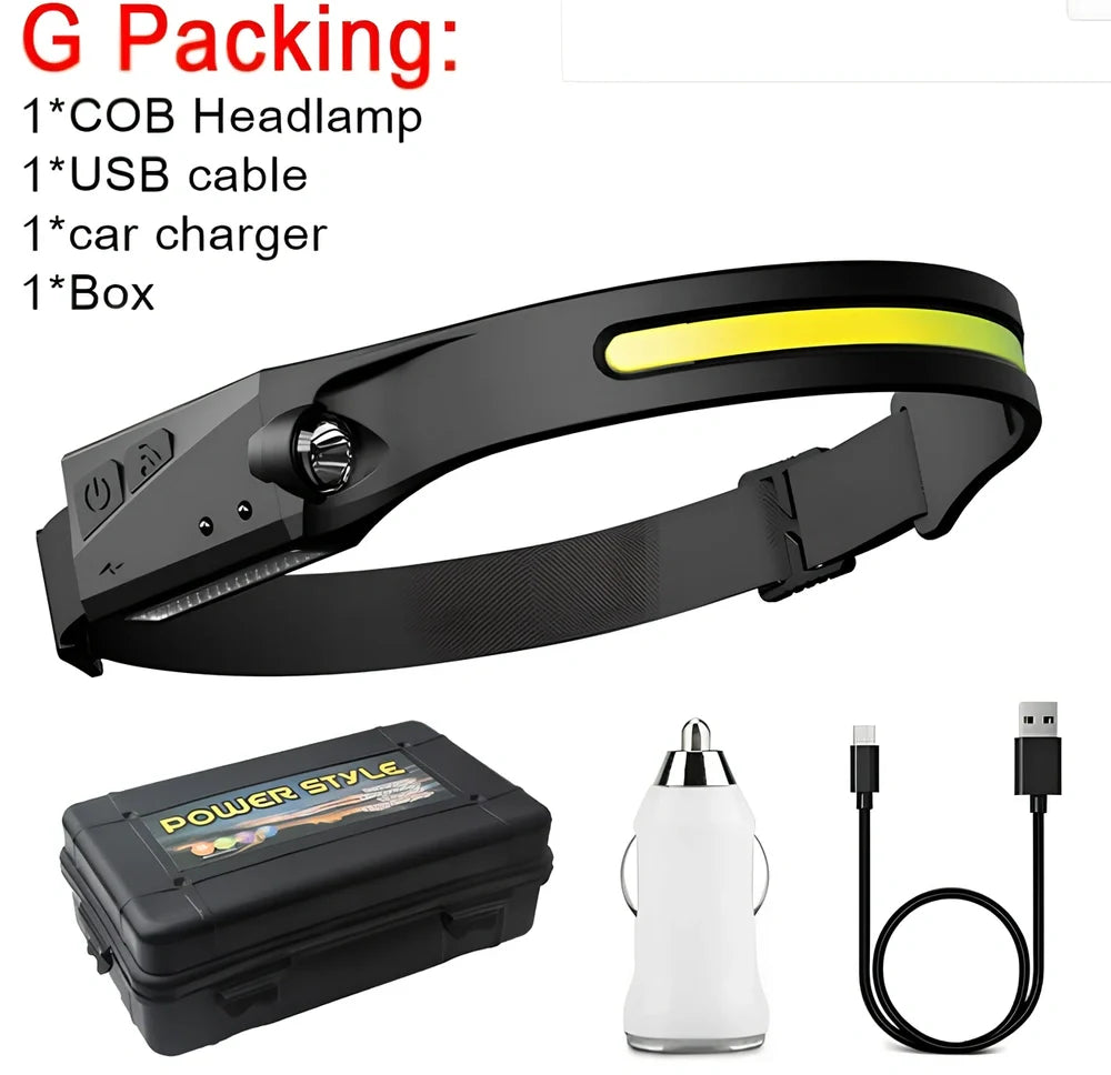 Black induction fishing light with silicone strap, 55mm length, showing touch controls and USB charging port