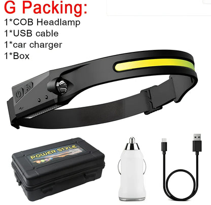 Black induction fishing light with silicone strap, 55mm length, showing touch controls and USB charging port