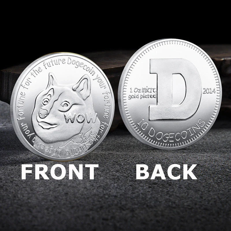 Gold-plated Dogecoin commemorative coin featuring the cute Dogecoin dog design, perfect for collectors and crypto enthusiasts.