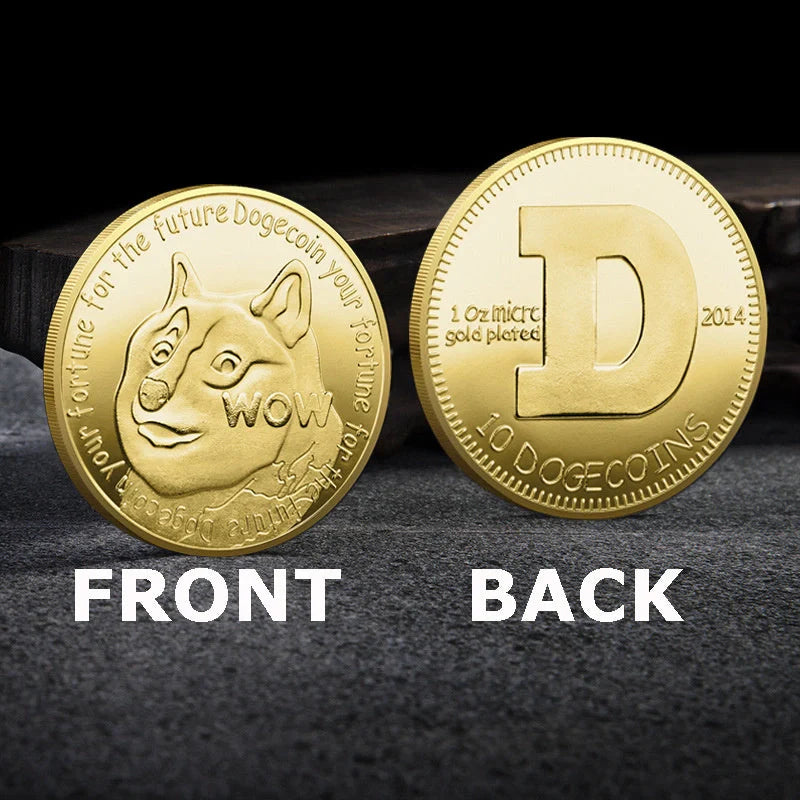 Gold-plated Dogecoin commemorative coin featuring the cute Dogecoin dog design, perfect for collectors and crypto enthusiasts.