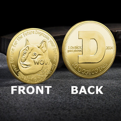 Gold-plated Dogecoin commemorative coin featuring the cute Dogecoin dog design, perfect for collectors and crypto enthusiasts.