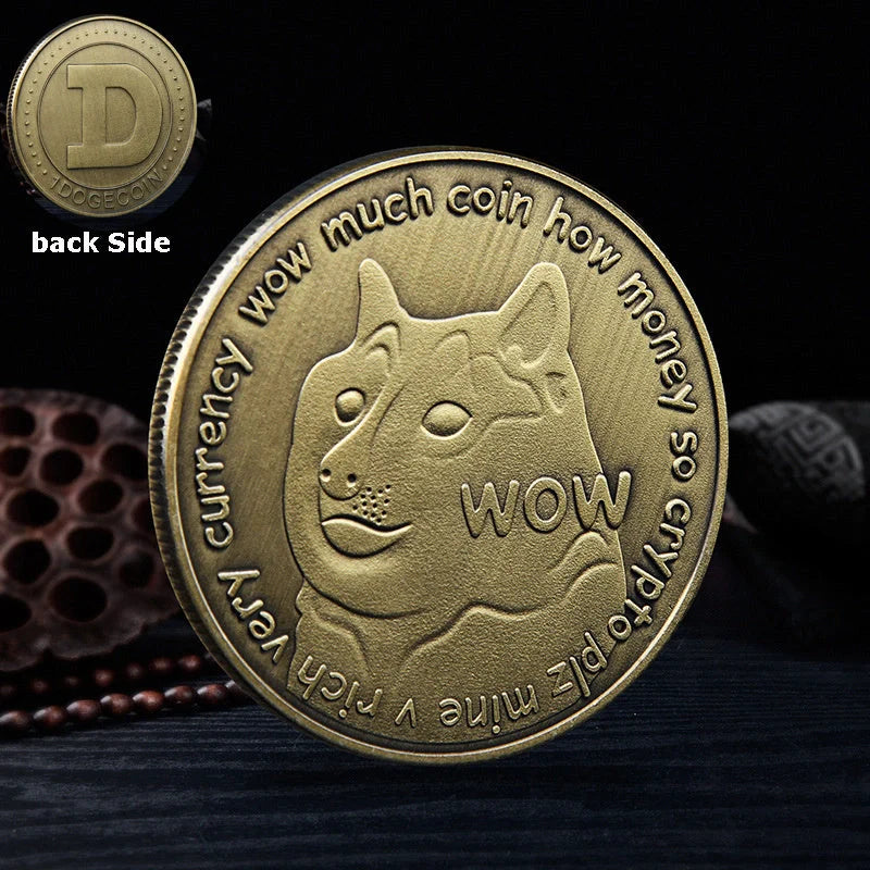 Gold-plated Dogecoin commemorative coin featuring the cute Dogecoin dog design, perfect for collectors and crypto enthusiasts.