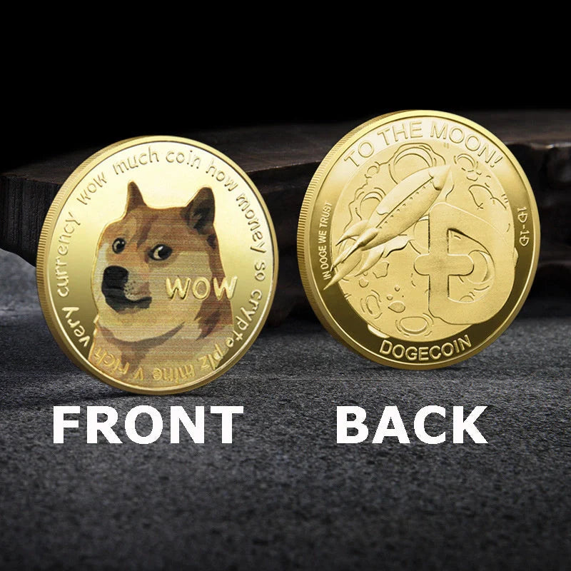 Gold-plated Dogecoin commemorative coin featuring the cute Dogecoin dog design, perfect for collectors and crypto enthusiasts.