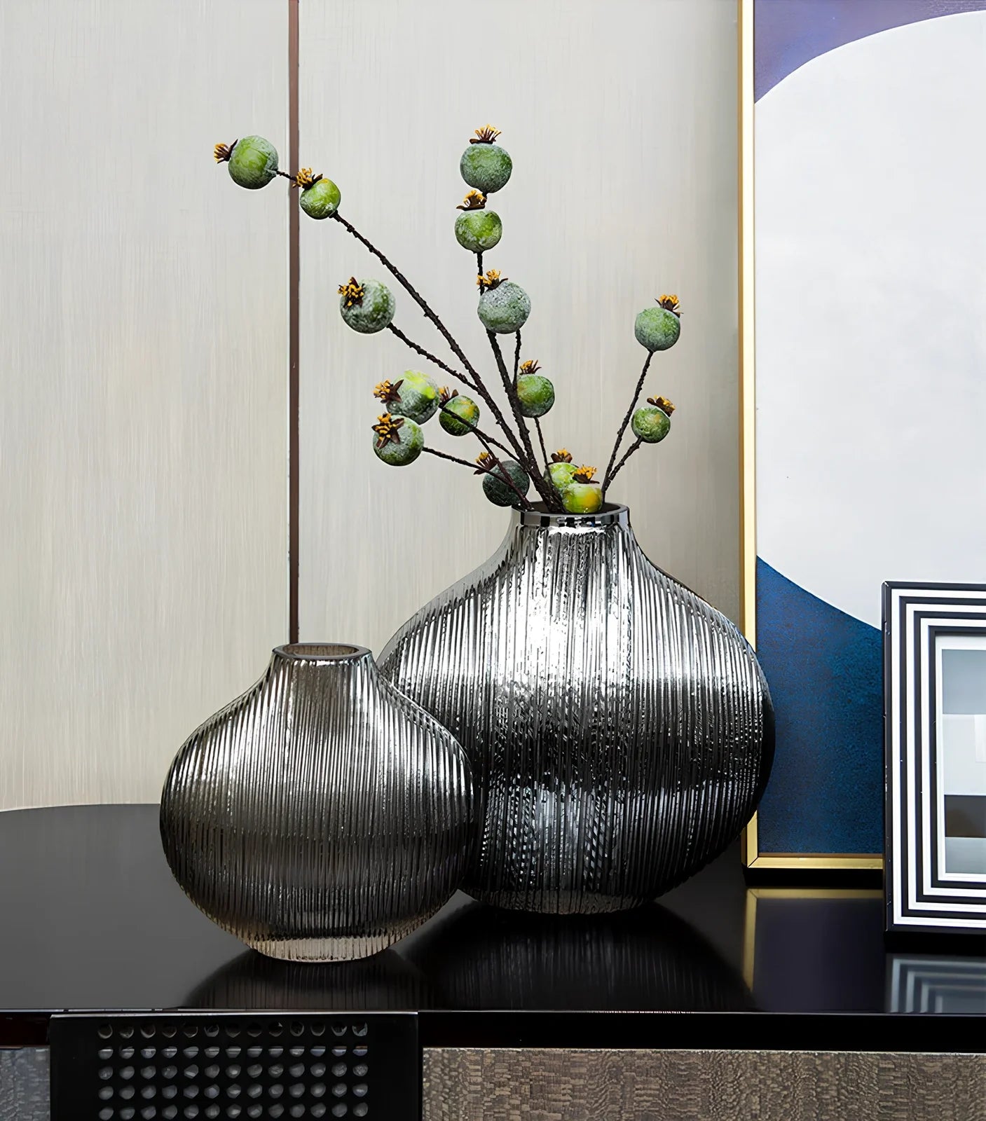 Silver brushed electroplated glass vase showing brushed texture and glass transparency at opening