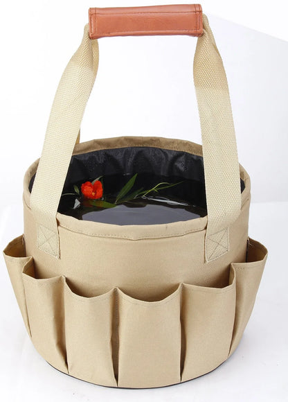 Mini bonsai tools kit with cream green storage bag, spades, rake, saw and gloves for gardening