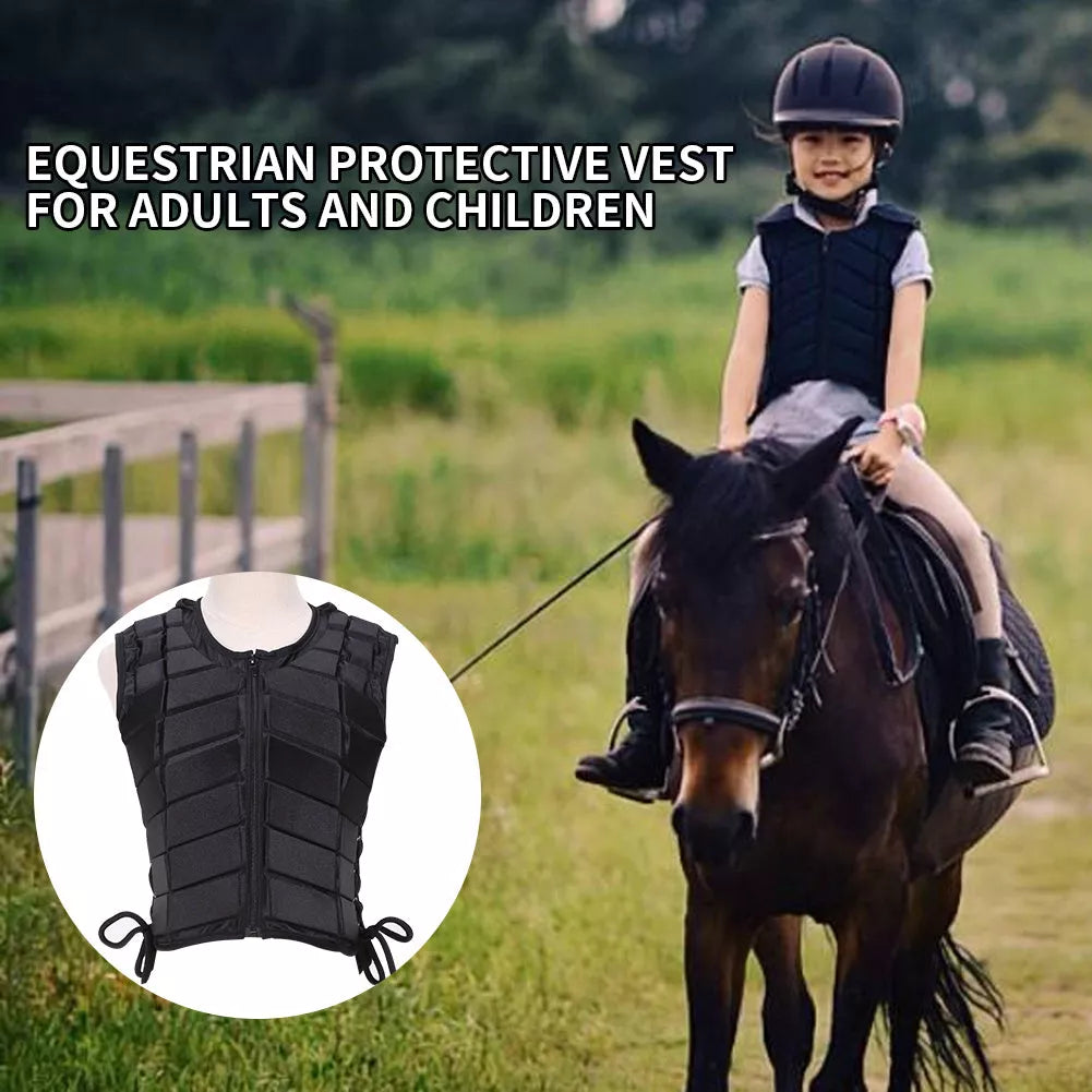 Black horse racing protective vests for adults and children, sizes S to XXL