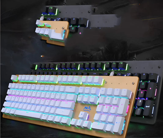 Metal mechanical gaming keyboard with green switches, backlit keys, and USB cable.