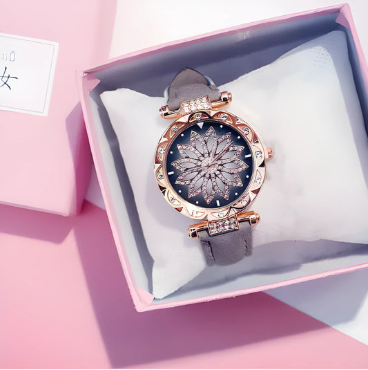 Diamond bezel women's fashion watch with round dial on wrist, showing colour options of red, purple, green, blue, black, pink, beige, grey, and brown.