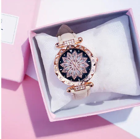Diamond bezel women's fashion watch with round dial on wrist, showing colour options of red, purple, green, blue, black, pink, beige, grey, and brown.