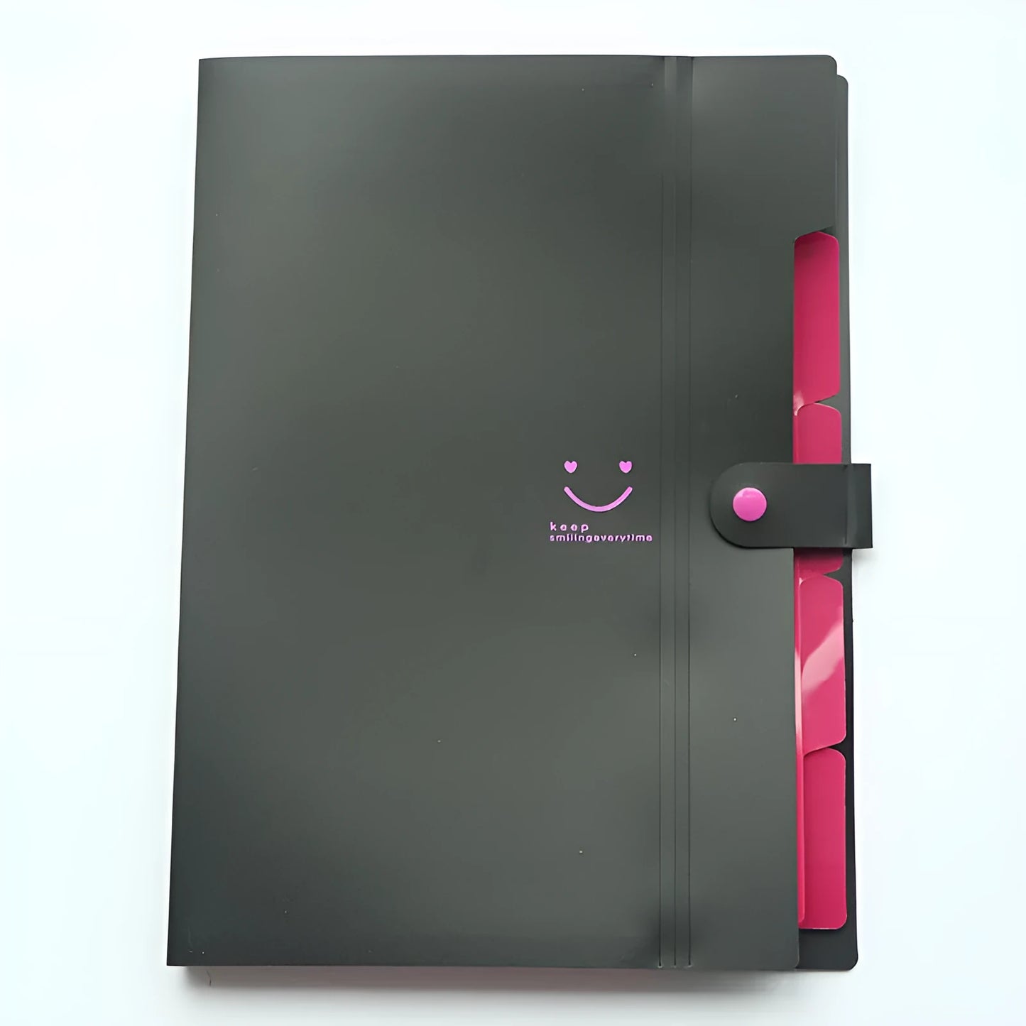 A4 plastic document folder with elastic band closure shown in various colours including black, pink, and blue.