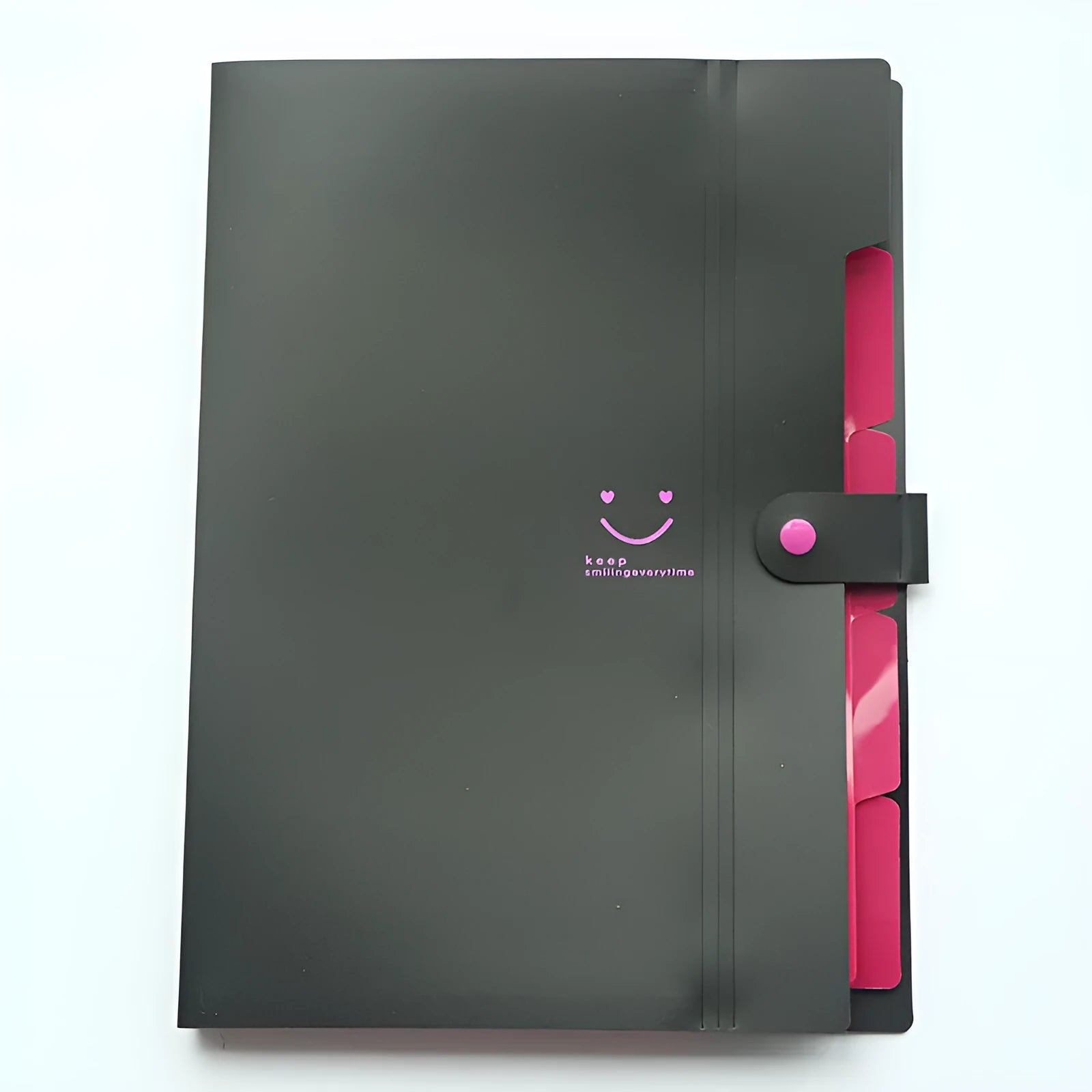 A4 plastic document folder with elastic band closure shown in various colours including black, pink, and blue.