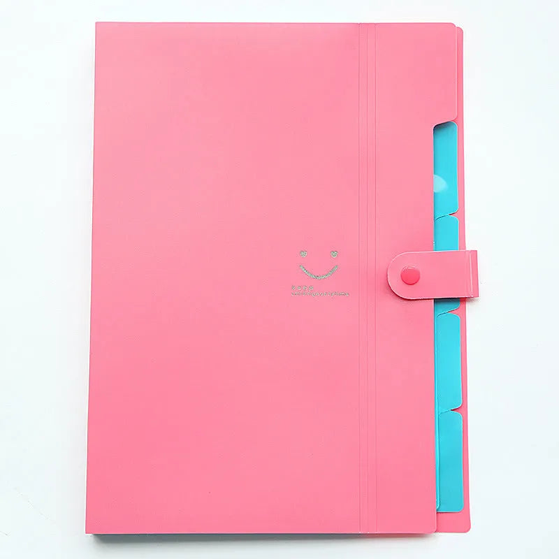 A4 plastic document folder with elastic band closure shown in various colours including black, pink, and blue.