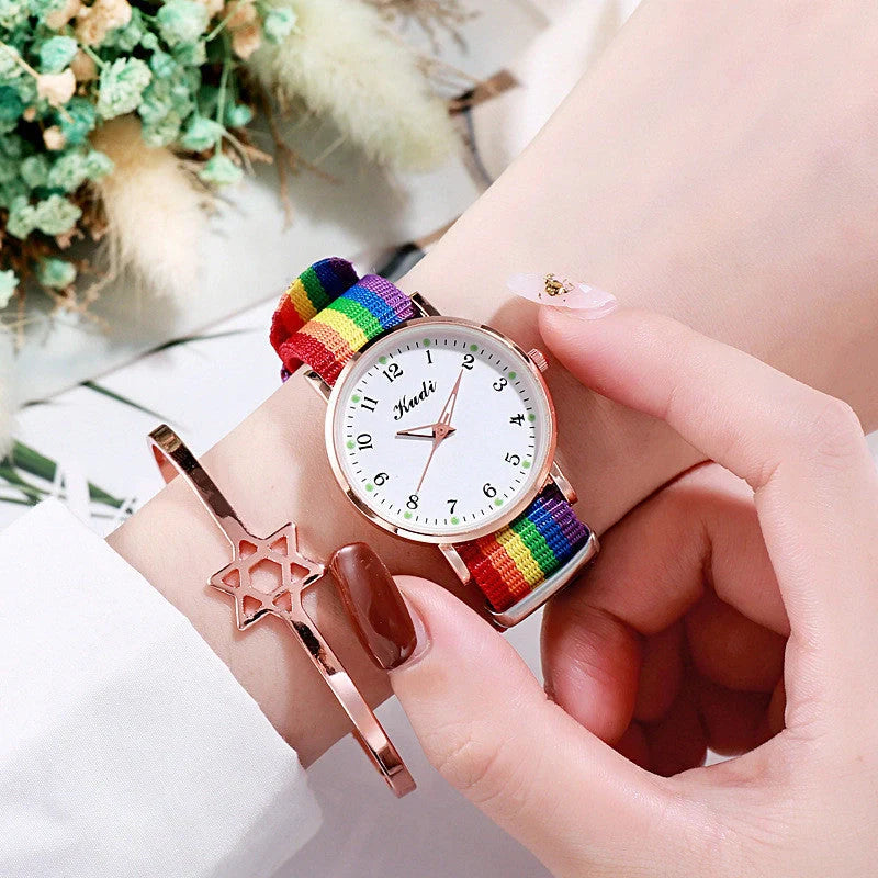 Luminous Starry Sky Watch with rainbow canvas strap and stainless steel buckle