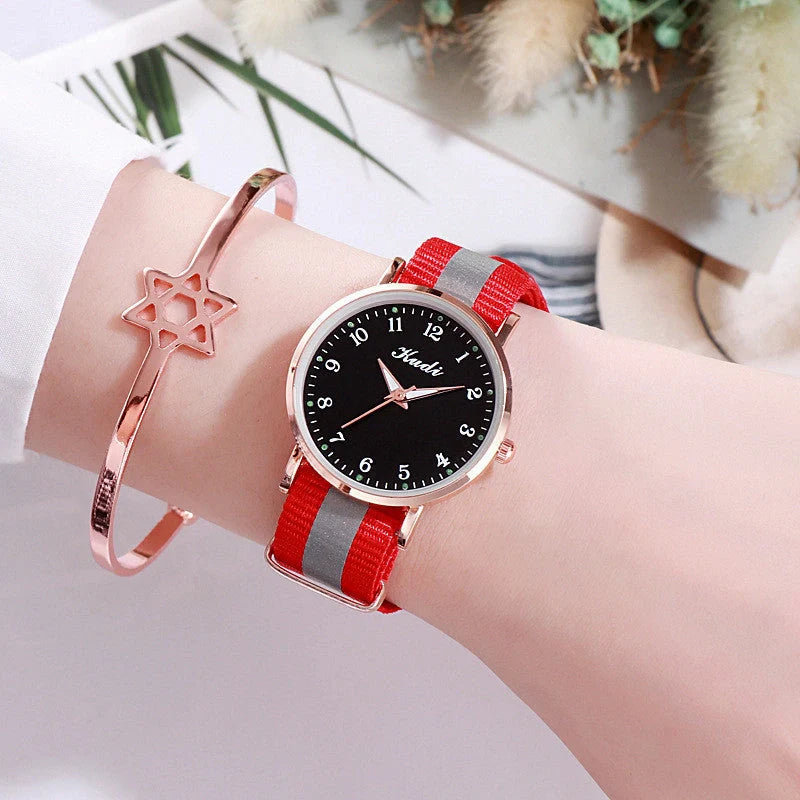 Luminous Starry Sky Watch with rainbow canvas strap and stainless steel buckle