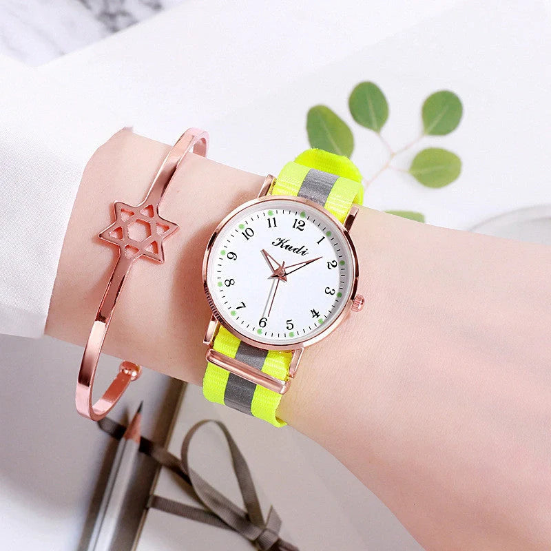 Luminous Starry Sky Watch with rainbow canvas strap and stainless steel buckle