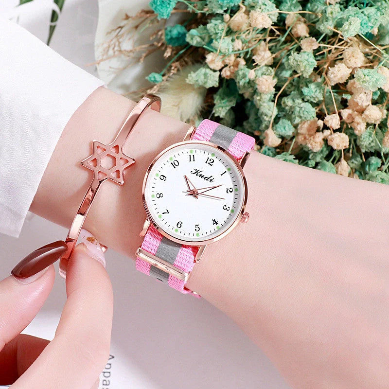 Luminous Starry Sky Watch with rainbow canvas strap and stainless steel buckle