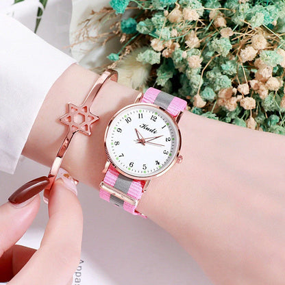 Luminous Starry Sky Watch with rainbow canvas strap and stainless steel buckle