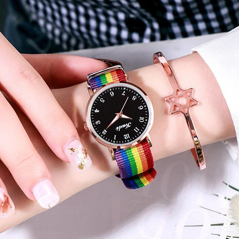Luminous Starry Sky Watch with rainbow canvas strap and stainless steel buckle