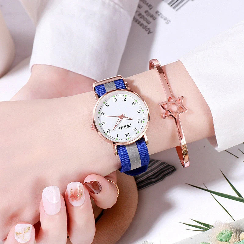 Luminous Starry Sky Watch with rainbow canvas strap and stainless steel buckle
