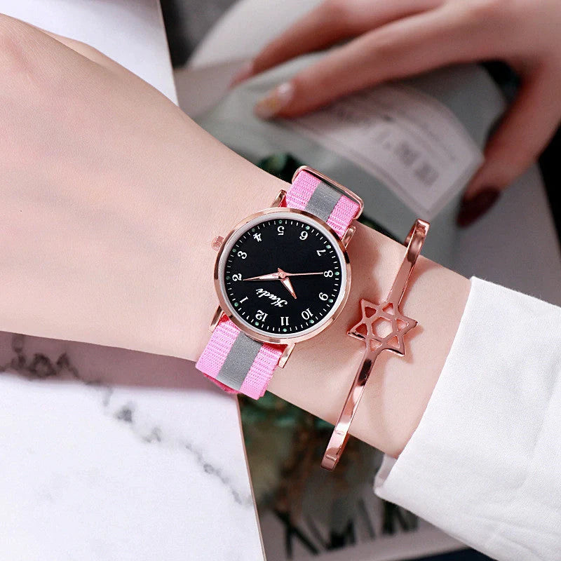 Luminous Starry Sky Watch with rainbow canvas strap and stainless steel buckle