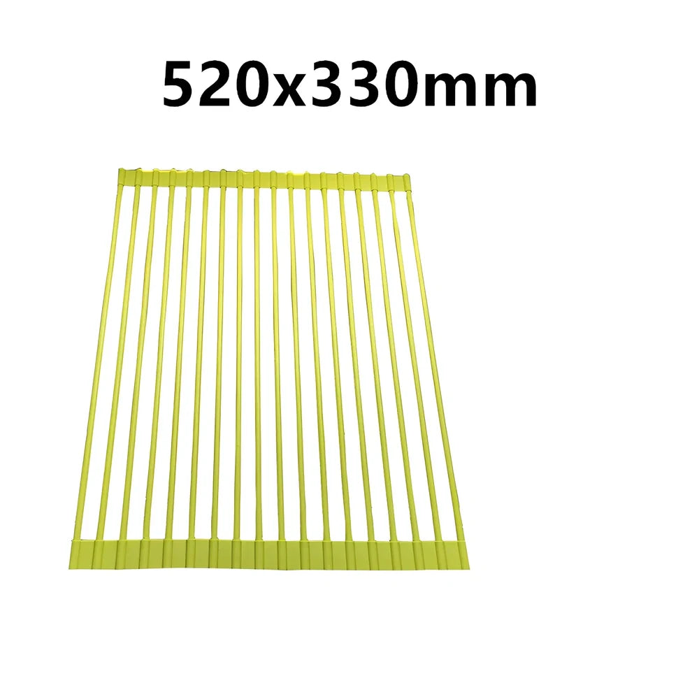 Black folding stainless steel sink drain rack with silicone edges, shown both unfolded for drying and folded for storage