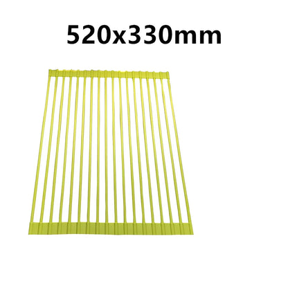 Black folding stainless steel sink drain rack with silicone edges, shown both unfolded for drying and folded for storage