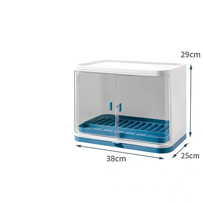 Large blue plastic dish storage box 38x25x29cm with drainage slots over sink, reinforced single-layer design