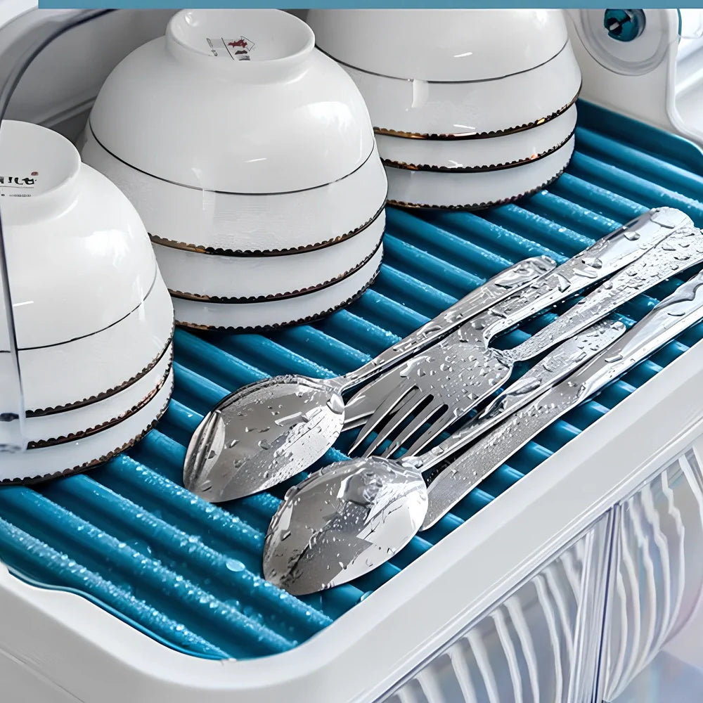 Large blue plastic dish storage box 38x25x29cm with drainage slots over sink, reinforced single-layer design