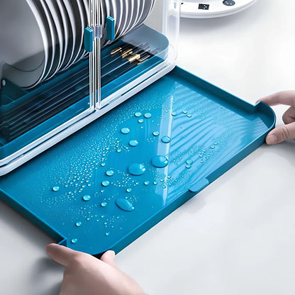 Large blue plastic dish storage box 38x25x29cm with drainage slots over sink, reinforced single-layer design