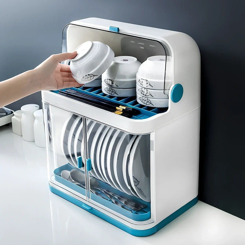 Large blue plastic dish storage box 38x25x29cm with drainage slots over sink, reinforced single-layer design