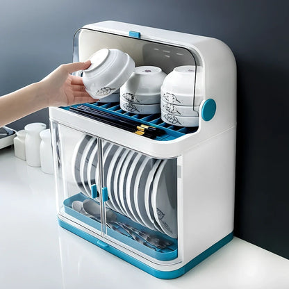 Large blue plastic dish storage box 38x25x29cm with drainage slots over sink, reinforced single-layer design