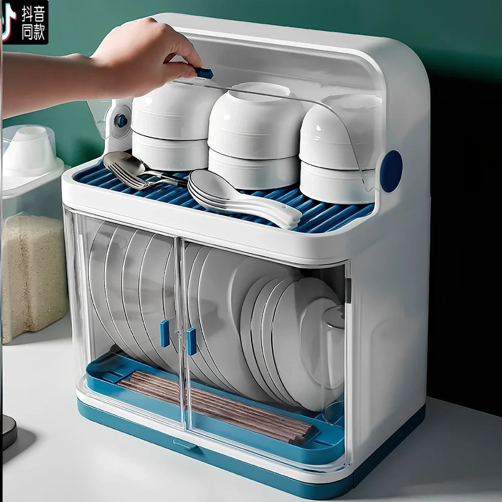 Large blue plastic dish storage box 38x25x29cm with drainage slots over sink, reinforced single-layer design