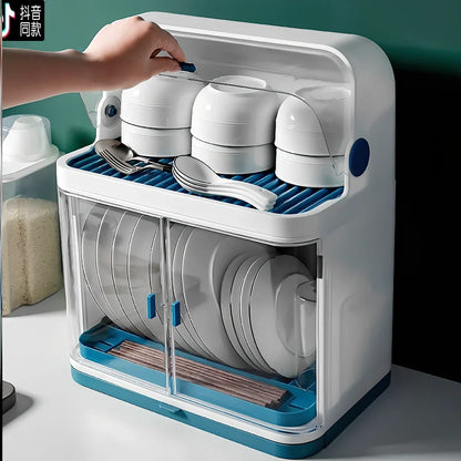 Large blue plastic dish storage box 38x25x29cm with drainage slots over sink, reinforced single-layer design