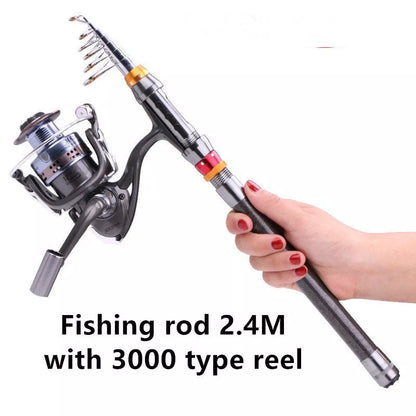 Telescopic carbon-fiber fishing rod set with spinning reel combo, compact and durable