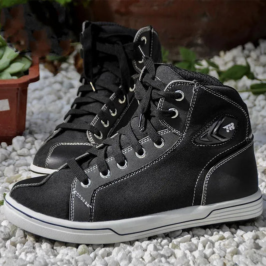 Motorcycle riding shoes in black and grey with shock absorption and breathable design for summer use