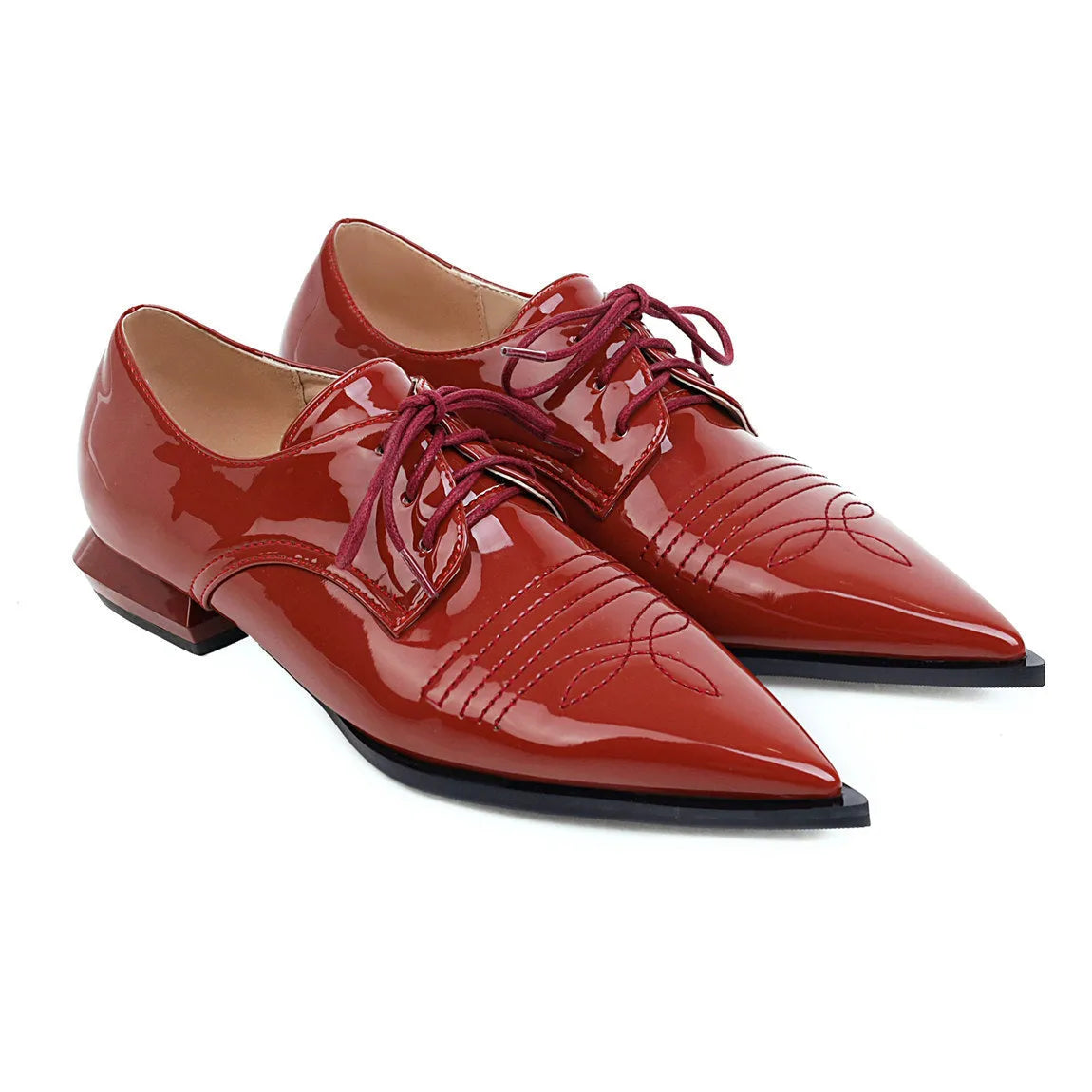 Women's pointed toe low heel lace-up shoes with cross straps, artificial PU upper, black gold or silver