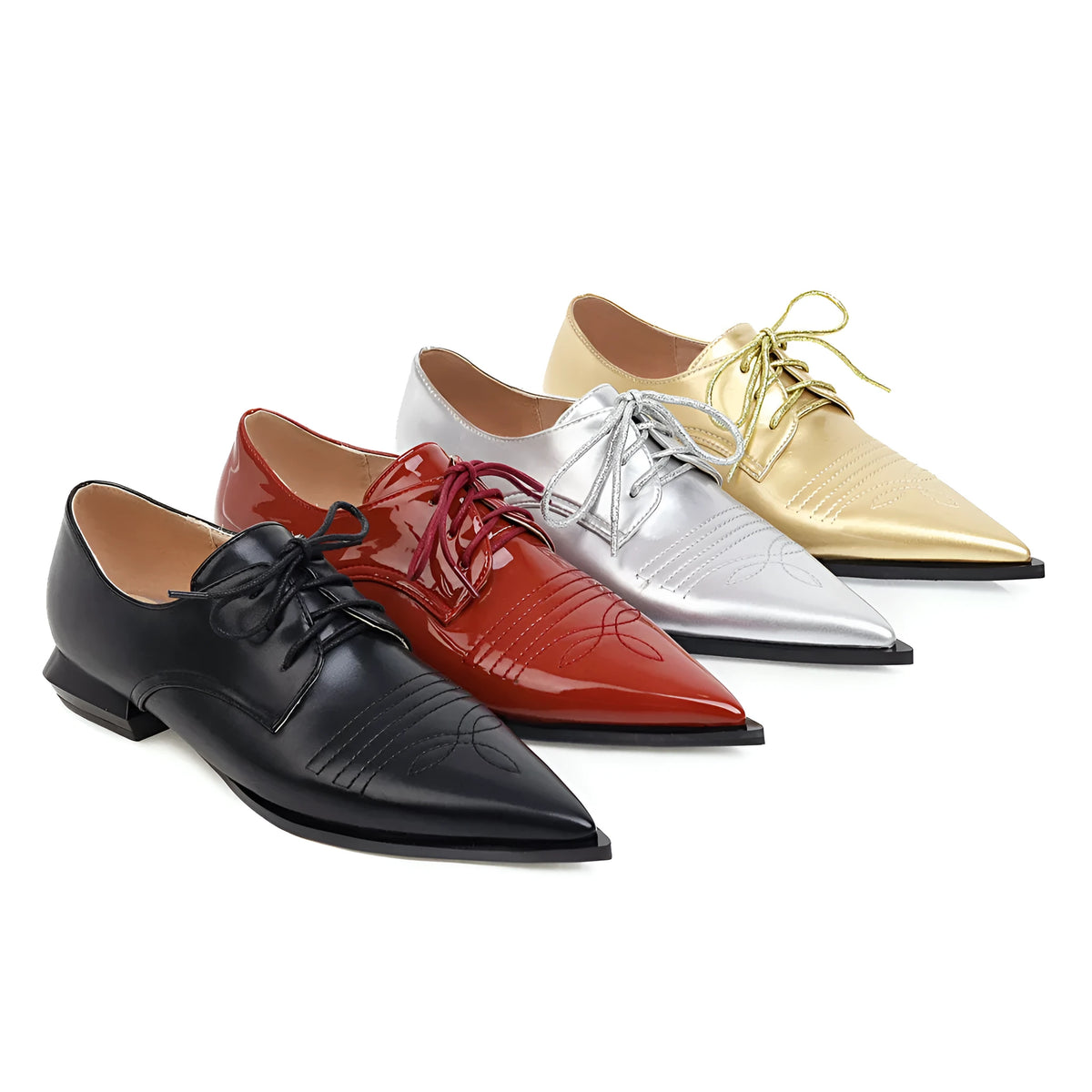 Women's pointed toe low heel lace-up shoes with cross straps, artificial PU upper, black gold or silver