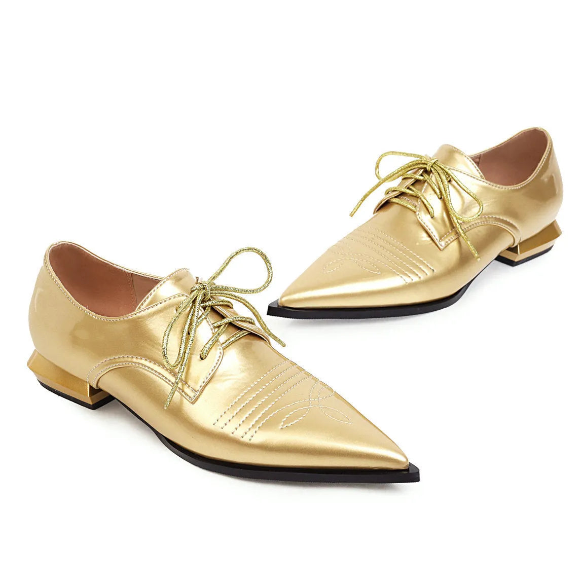 Women's pointed toe low heel lace-up shoes with cross straps, artificial PU upper, black gold or silver